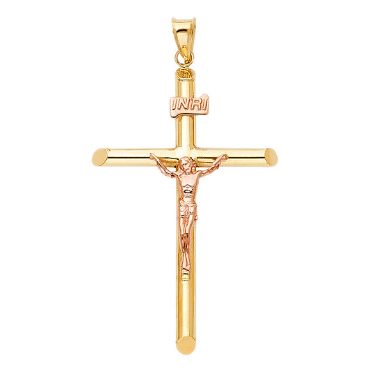 14k Two-tone Gold Medium Religious Tubular Cross Crucifix with Rose Gold Jesus and INRI Charm Pendant, High Polish  (42mm x 27mm)