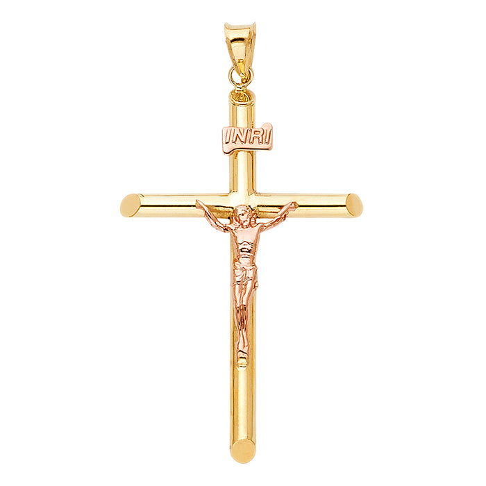 14k Two-tone Gold Medium Religious Tubular Cross Crucifix with Rose Gold Jesus and INRI Charm Pendant, High Polish  (42mm x 27mm)