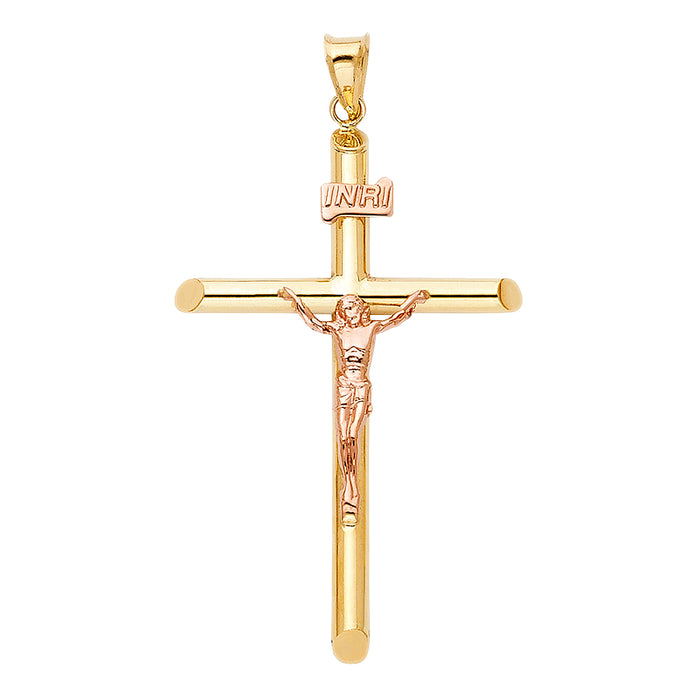 14k Two-tone Gold Large Religious Tubular Cross Crucifix with Rose Gold Jesus and INRI Charm Pendant, High Polish (48mm x 32mm)