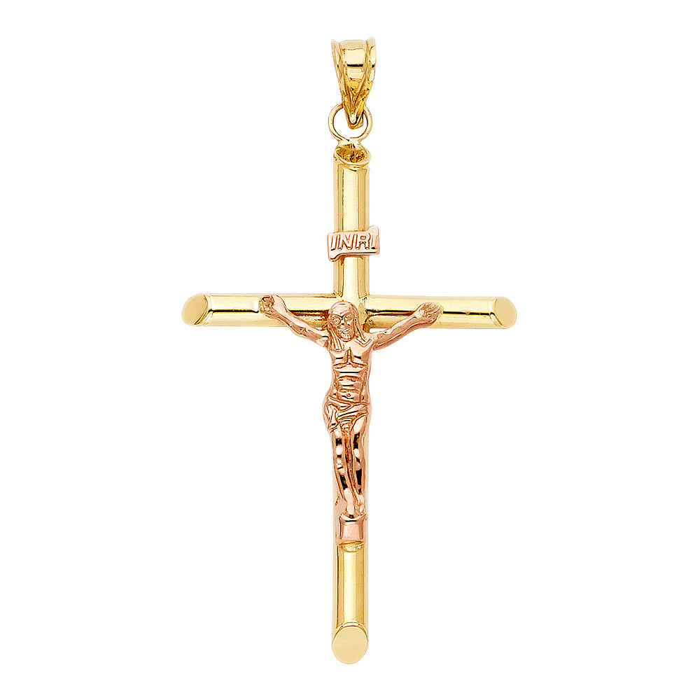 14k Two-tone Gold Extra-Large Religious Tubular Cross Crucifix with Rose Gold Jesus and INRI Charm Pendant, High Polish  (56mm x 37mm)