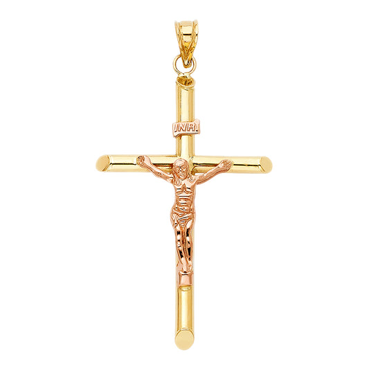 14k Two-tone Gold Extra-Large Religious Tubular Cross Crucifix with Rose Gold Jesus and INRI Charm Pendant, High Polish  (56mm x 37mm)