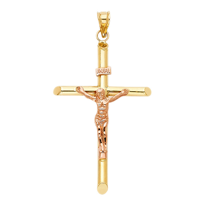 14k Two-tone Gold Extra-Large Religious Tubular Cross Crucifix with Rose Gold Jesus and INRI Charm Pendant, High Polish  (56mm x 37mm)