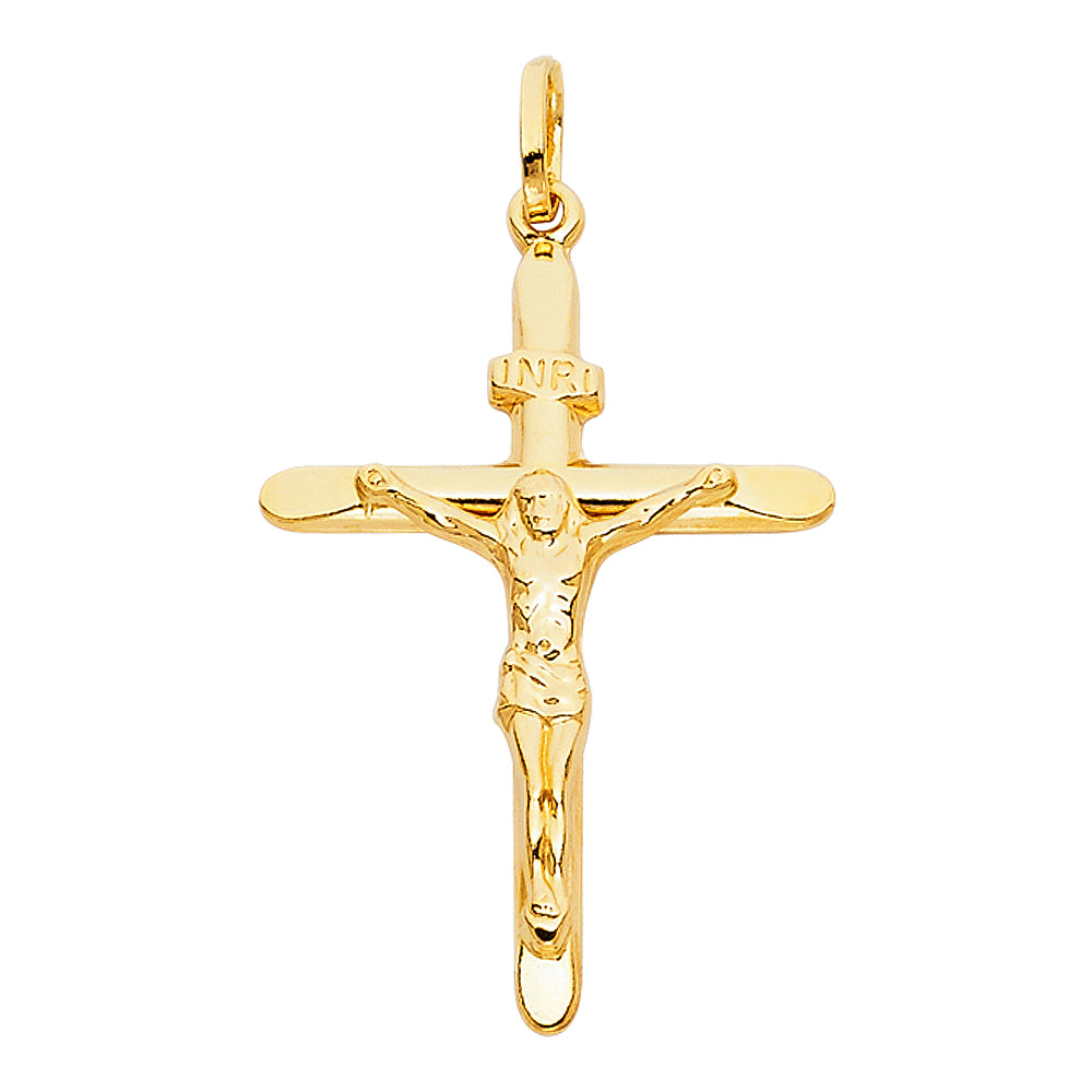 14k Yellow Gold Religious Crucifix with INRI Charm Pendant  (37mm x 27mm)