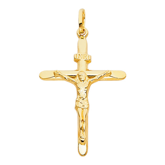14k Yellow Gold Religious Crucifix with INRI Charm Pendant  (37mm x 27mm)