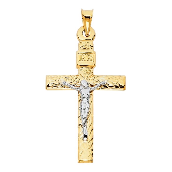 14K Two-tone Gold Religious Crucifix INRI with White Jesus Charm Pendant  (40mm x 26mm)