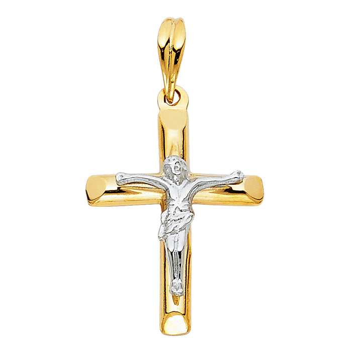 14K Two-tone Gold  Mini Religious Crucifix with White Jesus Charm Pendant  (23mm x 18mm)