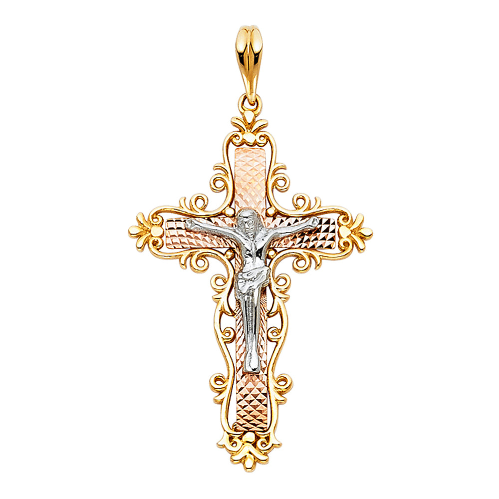 14K Tri-color Gold Religious Fancy Crucifix with Scroll Frame, Rose Cross, White Jesus and CZ Accents Charm Pendant  (37mm x 25mm)