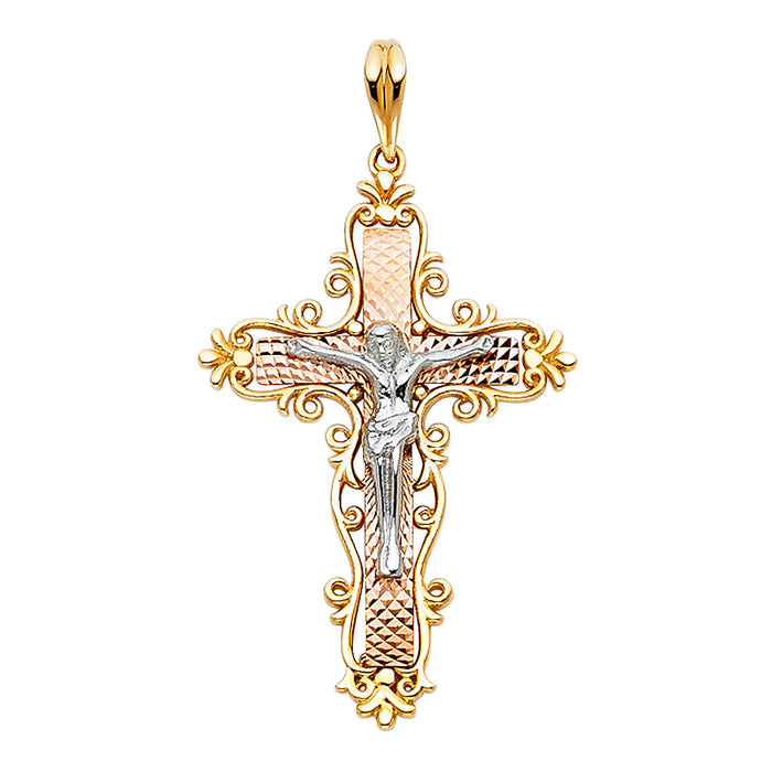 14K Tri-color Gold Religious Fancy Crucifix with Scroll Frame, Rose Cross, White Jesus and CZ Accents Charm Pendant  (37mm x 25mm)