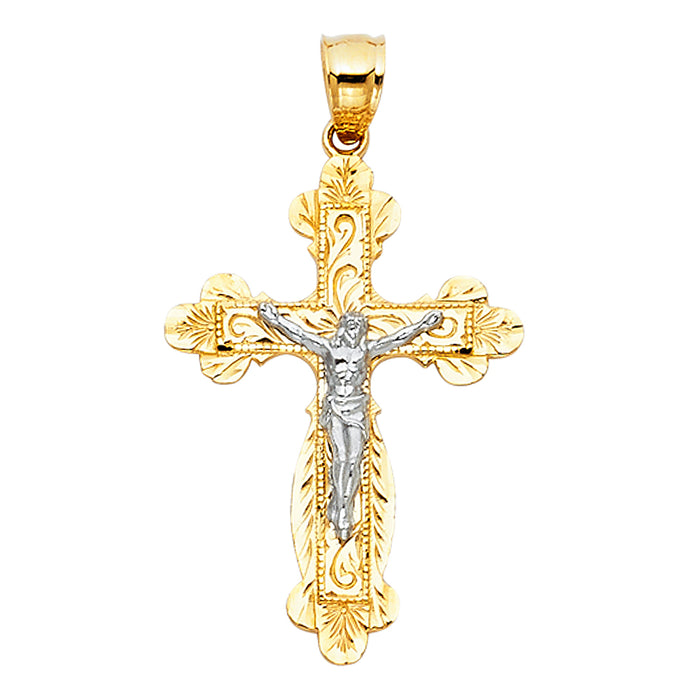 14K Two-tone Gold Religious Crucifix with White Jesus Cross Charm Pendant  (31mm x 22mm)