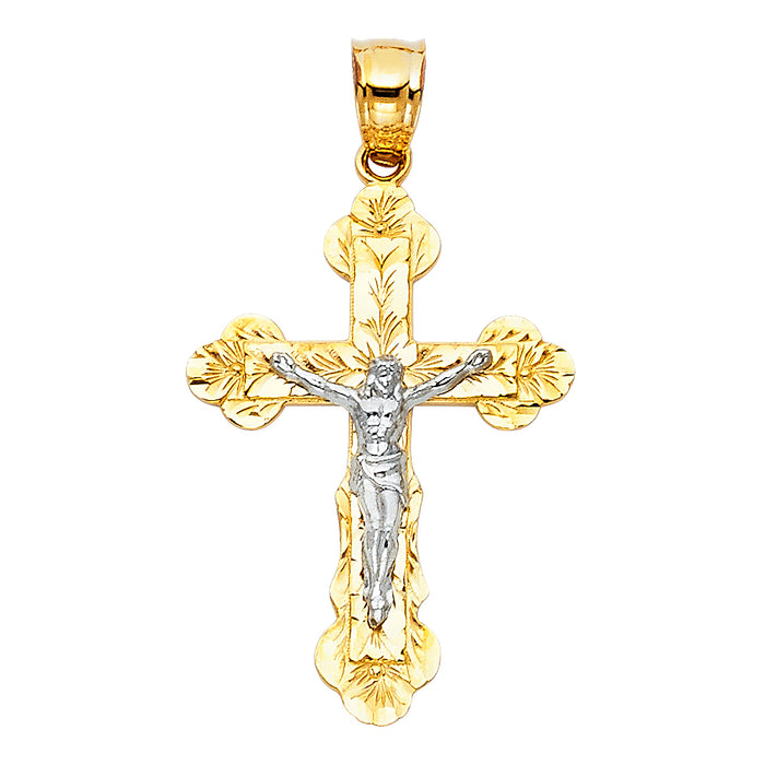 14K Two-tone Gold Religious Crucifix with White Jesus Cross Charm Pendant  (28mm x 20mm)