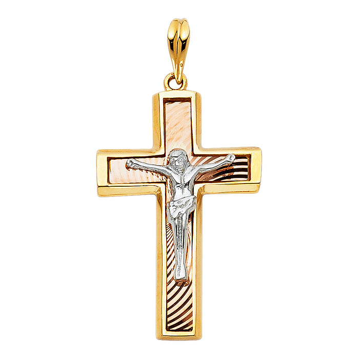 14K Tri-color Gold Religious Crucifix with White Jesus on Rose Block Cross Charm Pendant  (32mm x 21mm)
