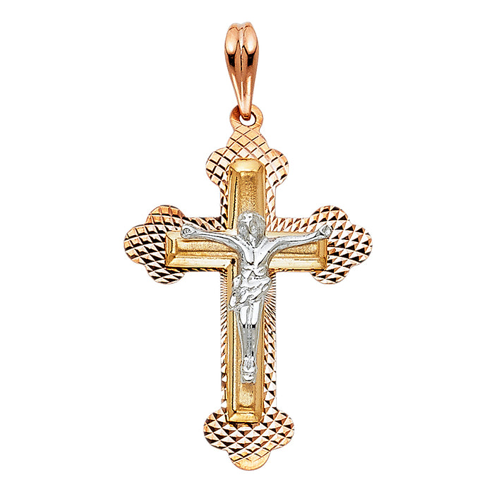 14K Tri-color Gold Religious Crucifix Charm Pendant  (29mm x 21mm)