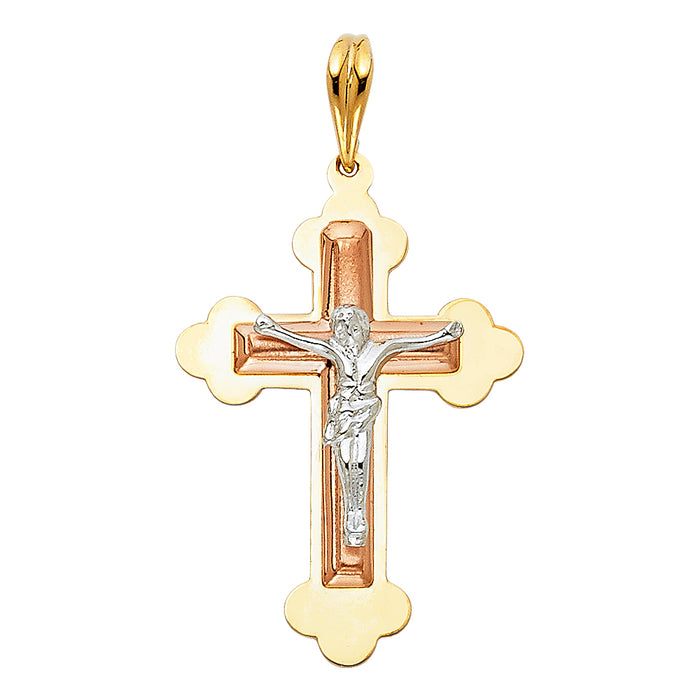 14K Tri-color Gold Religious Crucifix Charm Pendant  (29mm x 21mm)