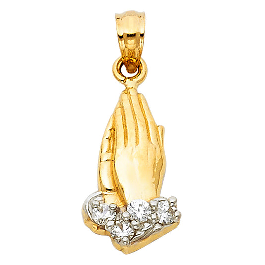 14K Two-tone Gold with White CZ Accented Small/Mini Praying Hands Charm Pendant  (18mm x 10mm)
