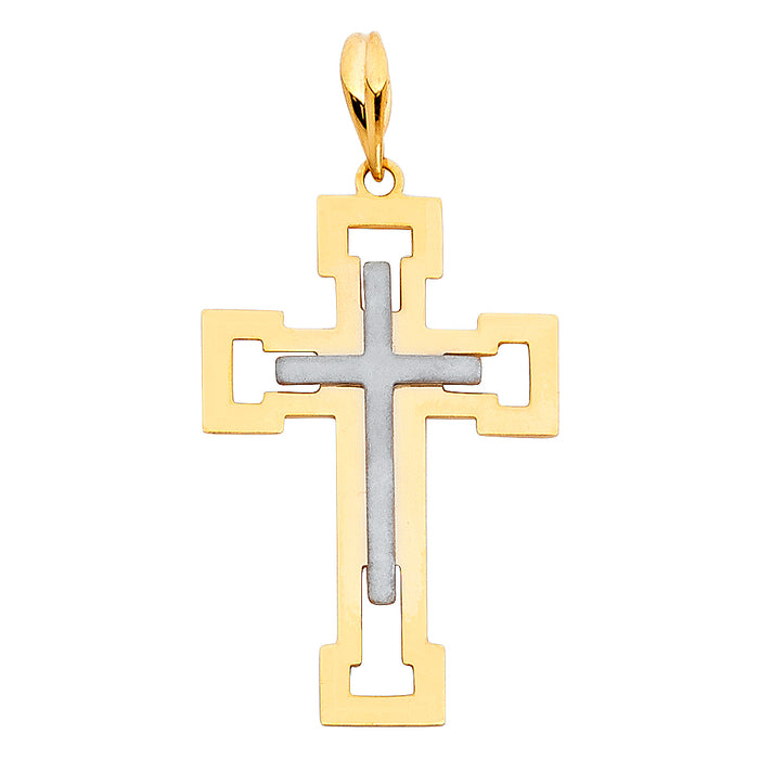 14K Two-tone Gold Religious Cross Charm Pendant  (31mm x 21mm)
