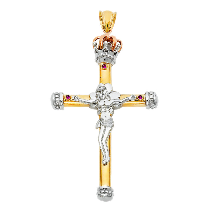 14K Tri-color Gold Large Religious Fancy Crucifix Charm Pendant  (72mm x 47mm)