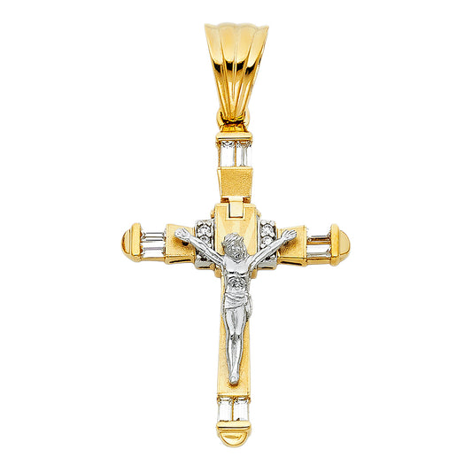 14K Two-Tone Gold Large Religious CZ Fancy Crucifix Charm Pendant  (45mm x 32mm)
