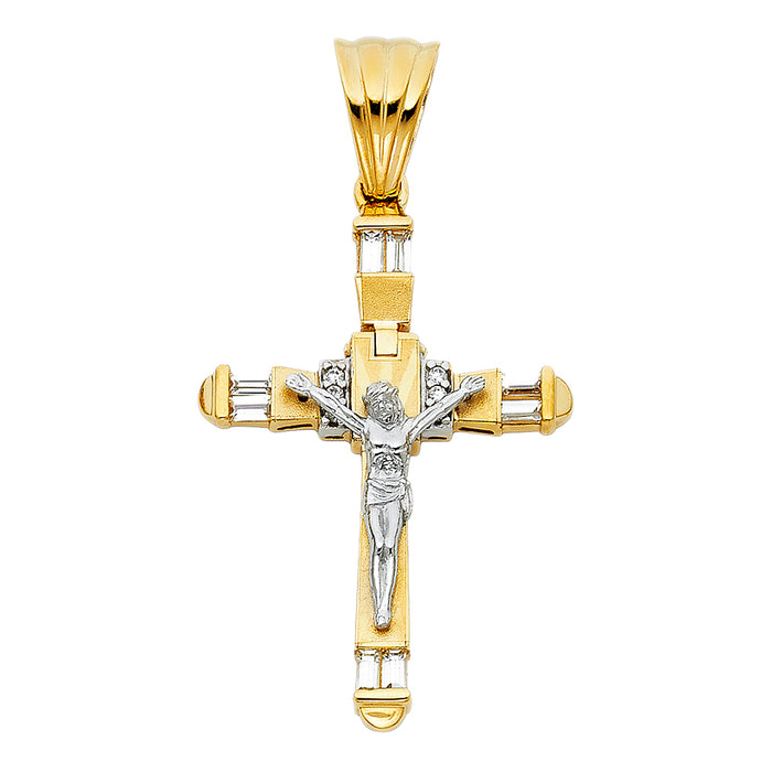 14K Two-Tone Gold Large Religious CZ Fancy Crucifix Charm Pendant  (45mm x 32mm)