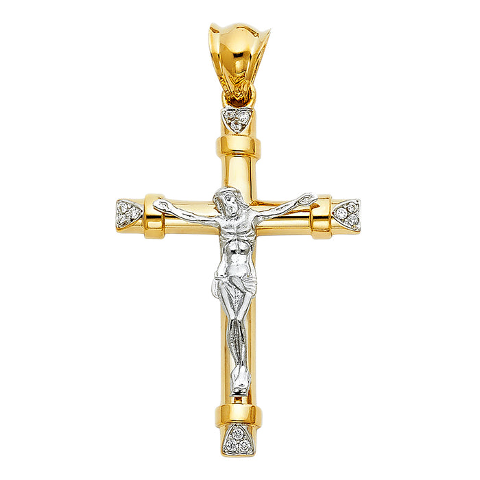 14K Two-Tone Gold Large Religious CZ Fancy Crucifix Charm Pendant  (44mm x 30mm)