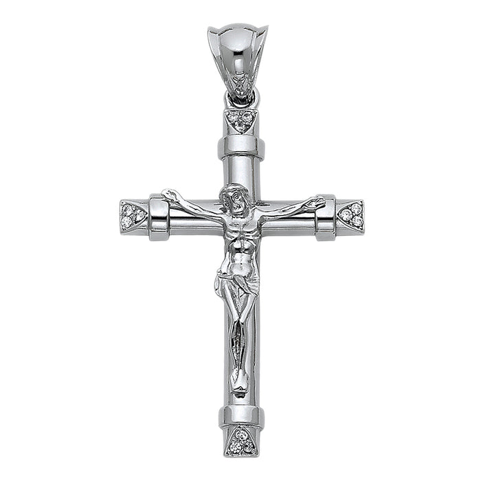 14k White Gold Large Religious CZ Fancy Crucifix Charm Pendant  (44mm x 30mm)