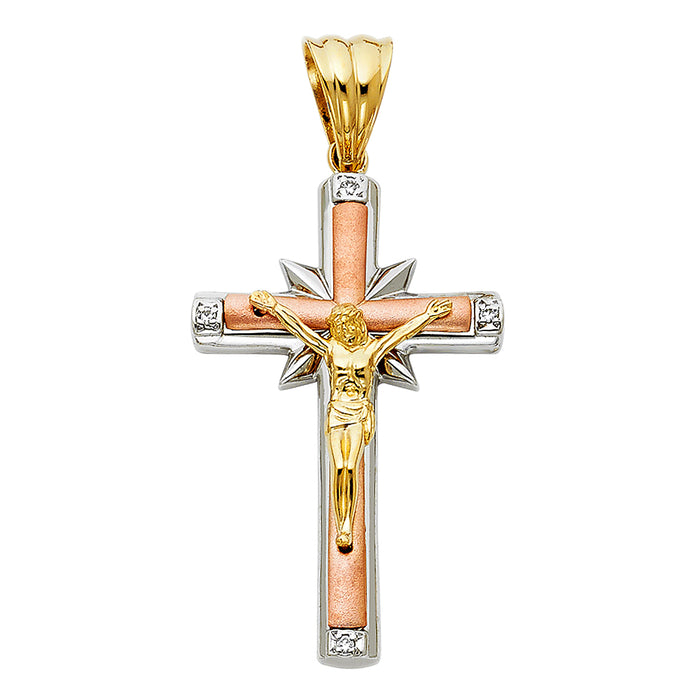 14K Tri-color Gold Large Religious CZ Fancy Crucifix Charm Pendant  (42mm x 26mm)