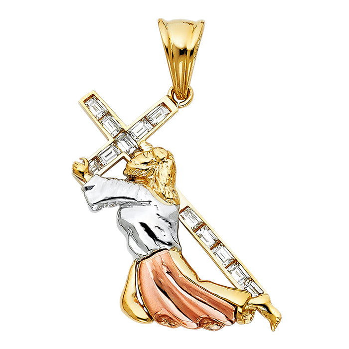 14K Tri-Color Gold Large CZ Religious Charm Pendant  (40mm x 35mm)