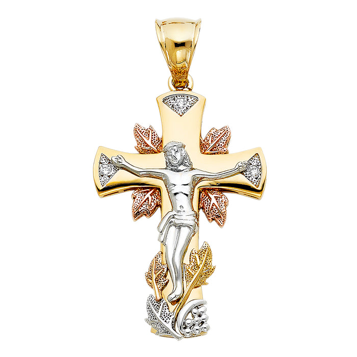 14K Tri-color Gold Large Religious CZ Fancy Crucifix Charm Pendant  (45mm x 31mm)