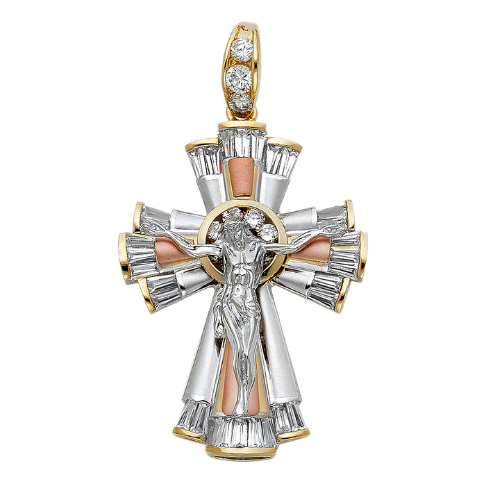 14K Tri-color Gold Large Religious CZ Fancy Crucifix Charm Pendant  (48mm x 35mm)