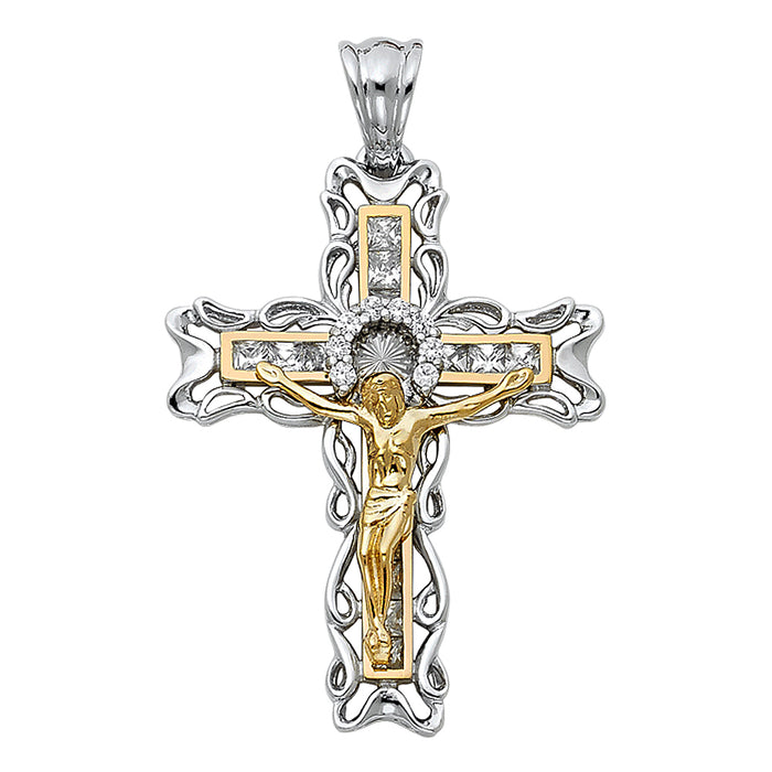 14K Two-Tone Gold Large Religious CZ Fancy Crucifix Charm Pendant  (40mm x 31mm)