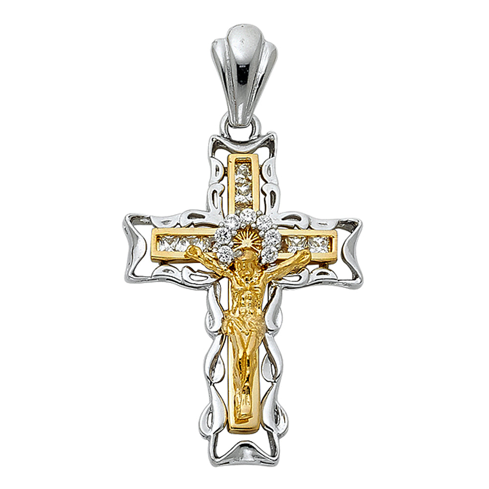 14K Two-Tone Gold Large Religious CZ Fancy Crucifix Charm Pendant  (32mm x 23mm)