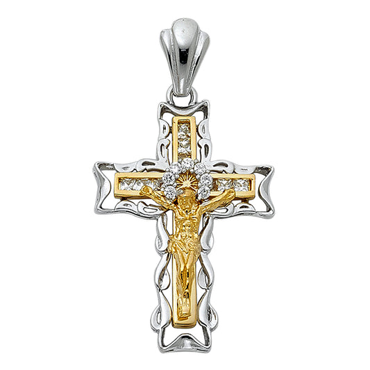 14K Two-Tone Gold Large Religious CZ Fancy Crucifix Charm Pendant  (32mm x 23mm)