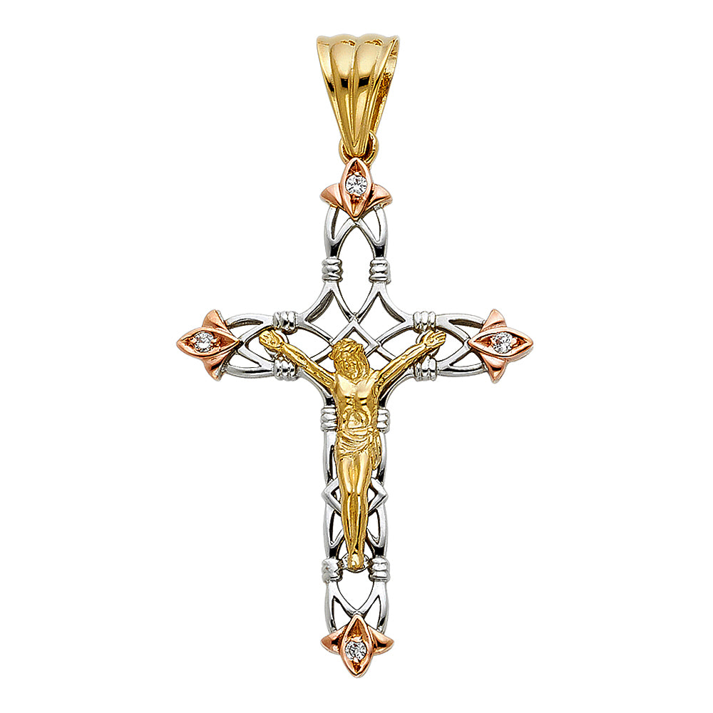 14K Tri-color Gold Large Religious CZ Fancy Crucifix Charm Pendant  (48mm x 33mm)