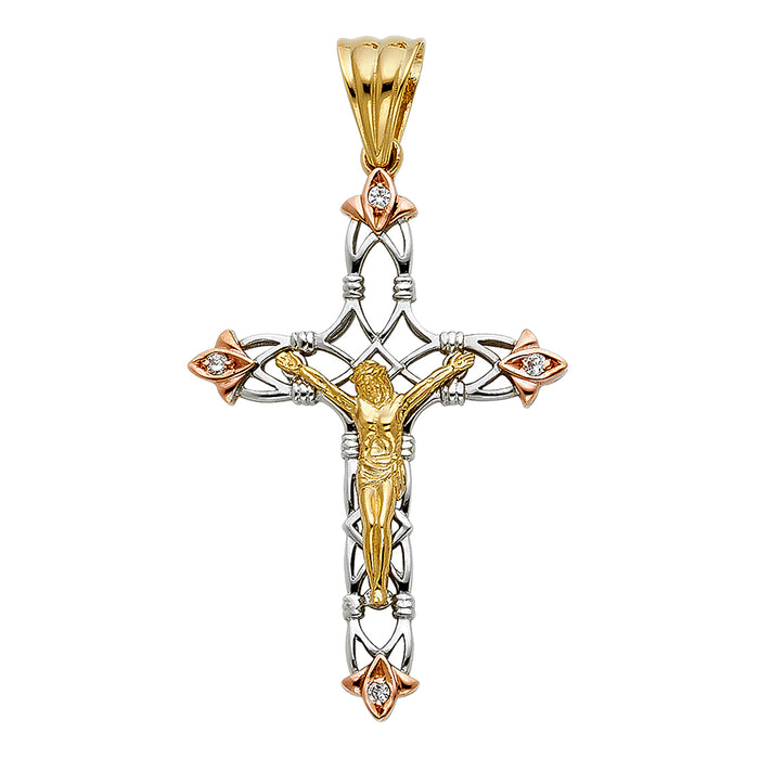 14K Tri-color Gold Large Religious CZ Fancy Crucifix Charm Pendant  (48mm x 33mm)