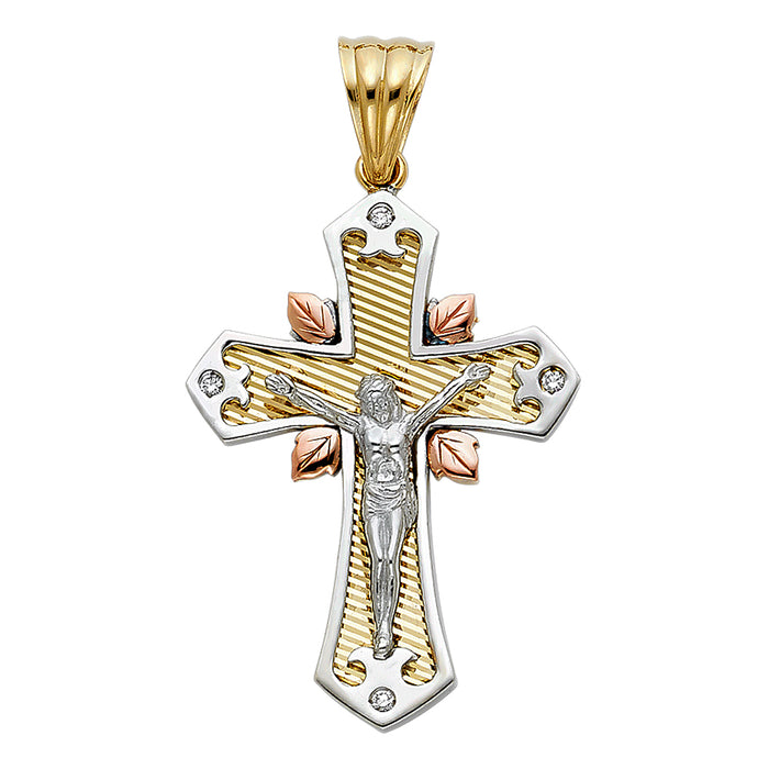 14K Tri-color Gold Large Religious CZ Fancy Crucifix Charm Pendant  (42mm x 31mm)