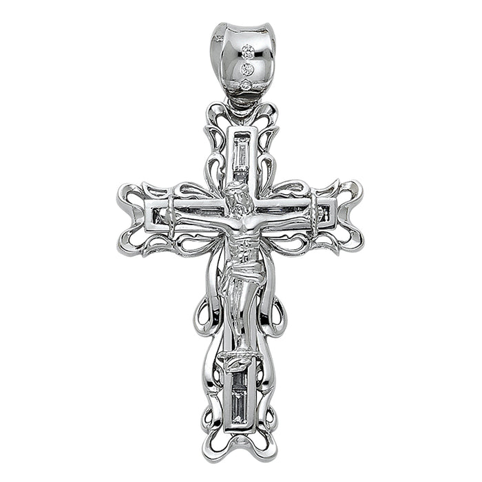 14k White Gold Large Religious Fancy Crucifix Charm Pendant  (40mm x 27mm)