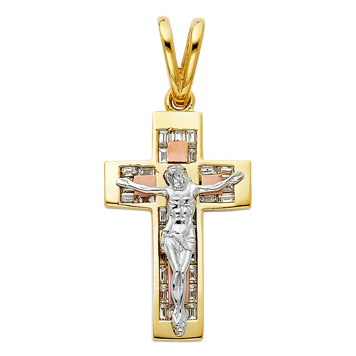 14K Tri-color Gold Large Religious CZ Fancy Crucifix Charm Pendant  (37mm x 24mm)