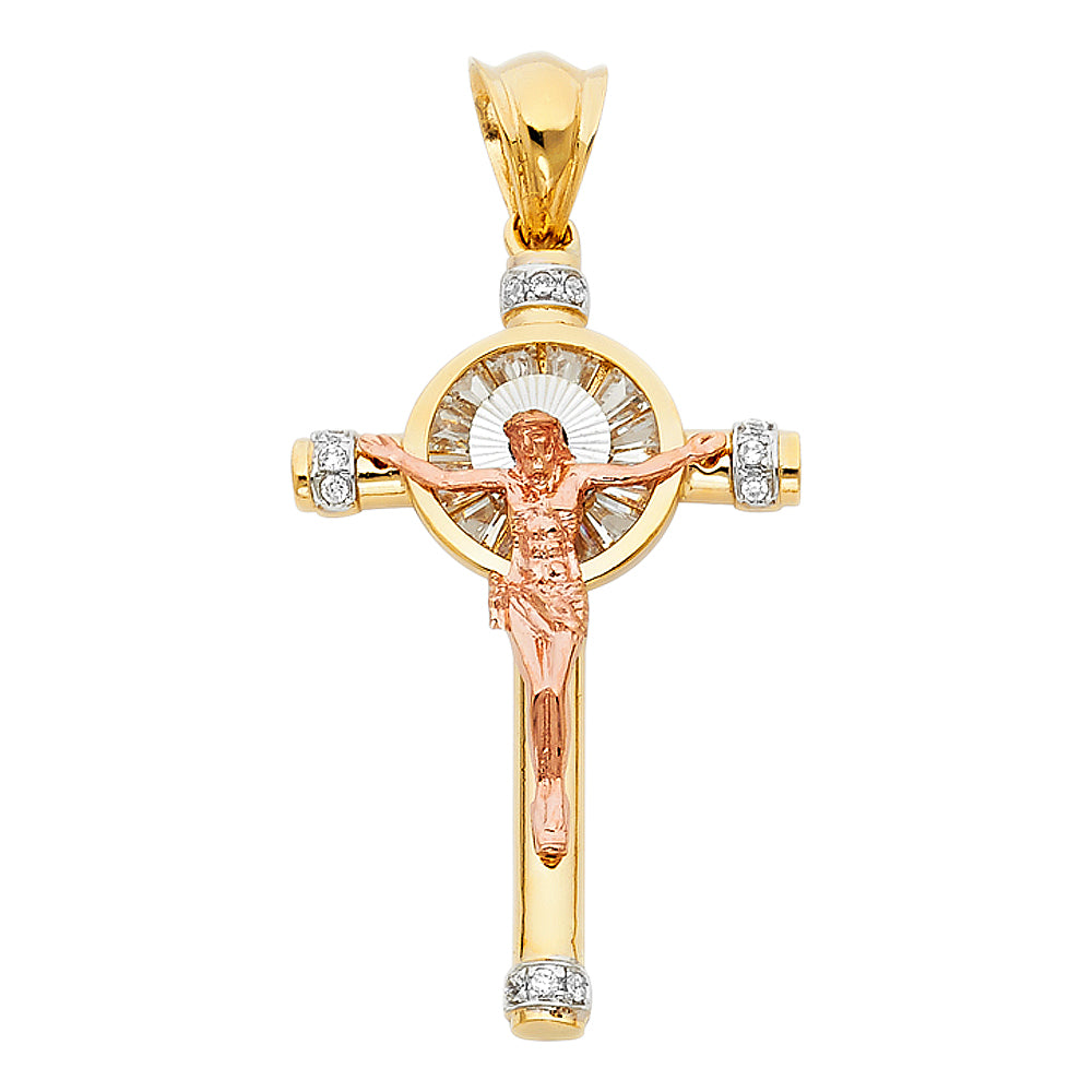 14K Tri-color Gold Large Religious CZ Crucifix Charm Pendant  (41mm x 27mm)