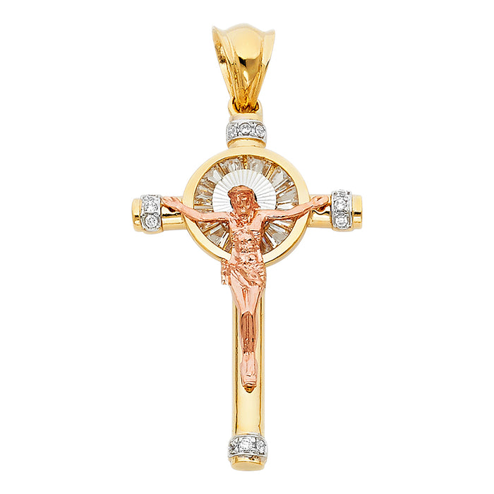 14K Tri-color Gold Large Religious CZ Crucifix Charm Pendant  (41mm x 27mm)