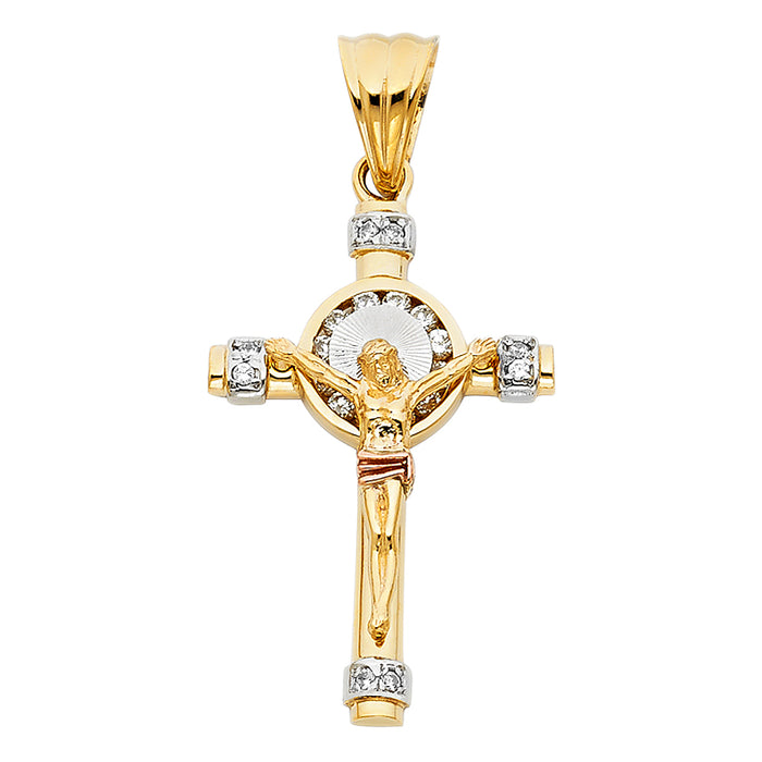 14K Tri-color Gold Religious CZ Crucifix Charm Pendant  (38mm x 25mm)