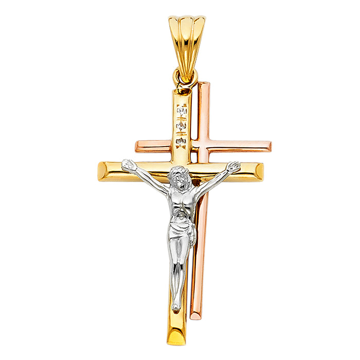 14K Tri-color Gold Religious Crucifix Charm Pendant  (37mm x 24mm)