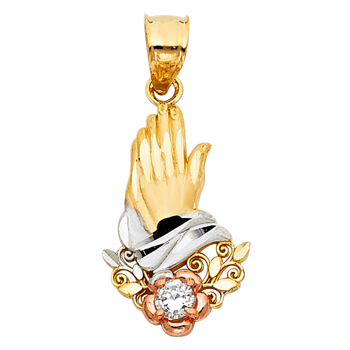 14K Tri-Color Gold with White CZ Accented Praying Hands Charm Pendant  (23mm x 13mm)