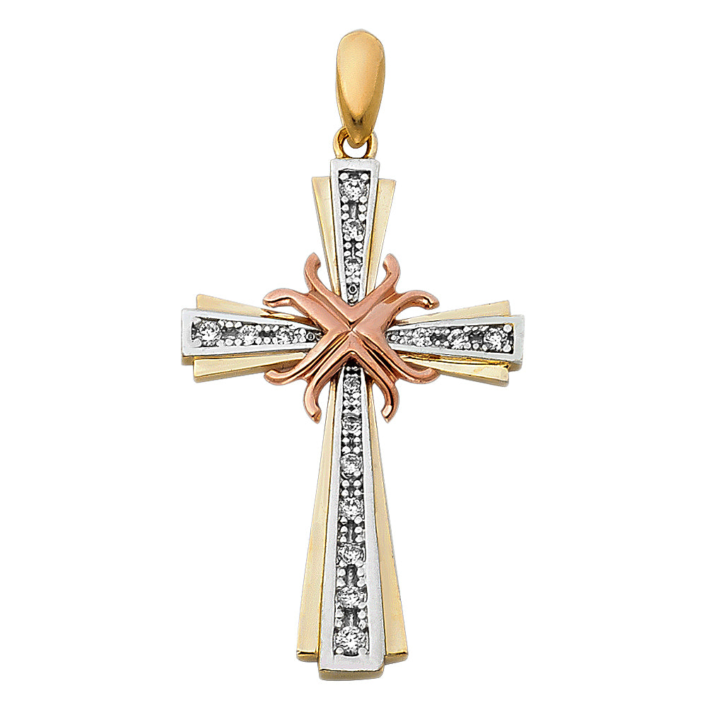 14K Tri-color Gold Religious CZ Fancy Cross Charm Pendant  (32mm x 21mm)