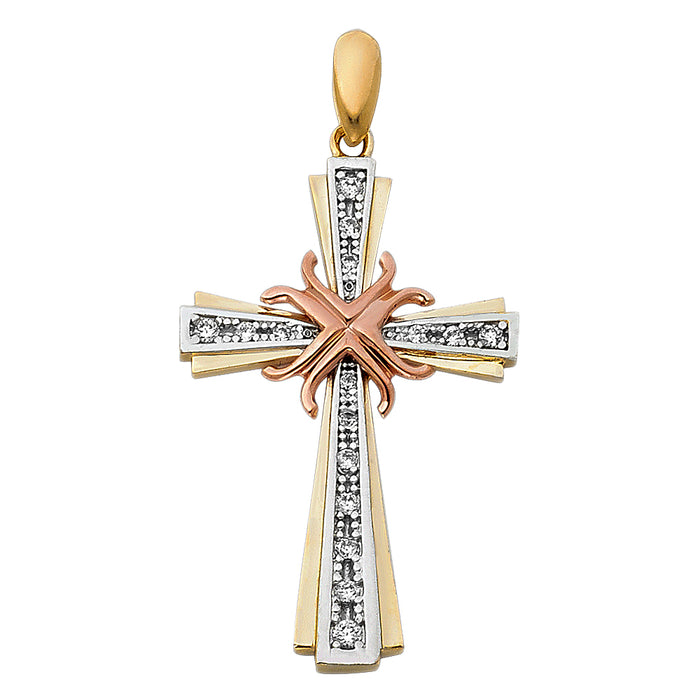 14K Tri-color Gold Religious CZ Fancy Cross Charm Pendant  (32mm x 21mm)