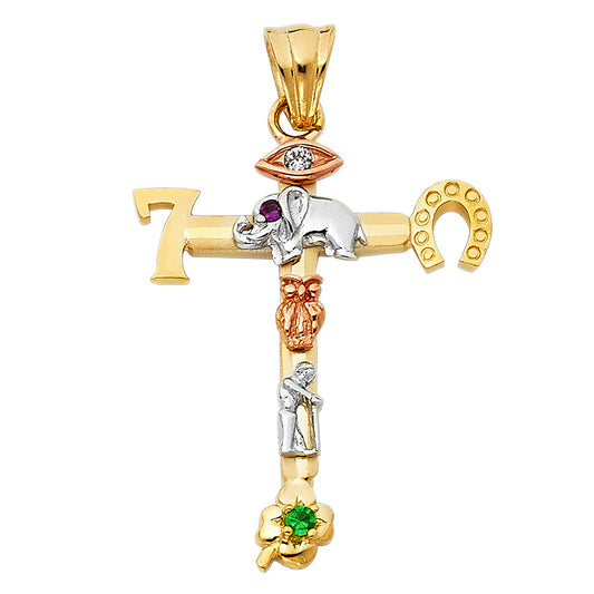 14K Tri-color Gold Religious Lucky Cross Charm Pendant  (29mm x 24mm)
