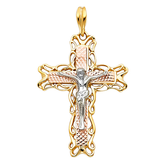14K Tri-color Gold Religious Fancy Crucifix Charm Pendant  (33mm x 24mm)
