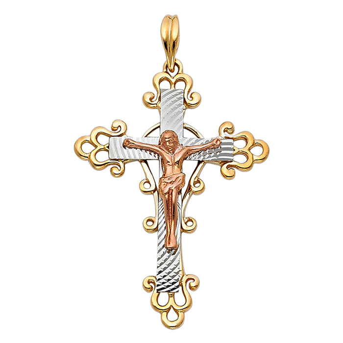 14K Tri-color Gold Religious Fancy Crucifix Charm Pendant  (36mm x 27mm)