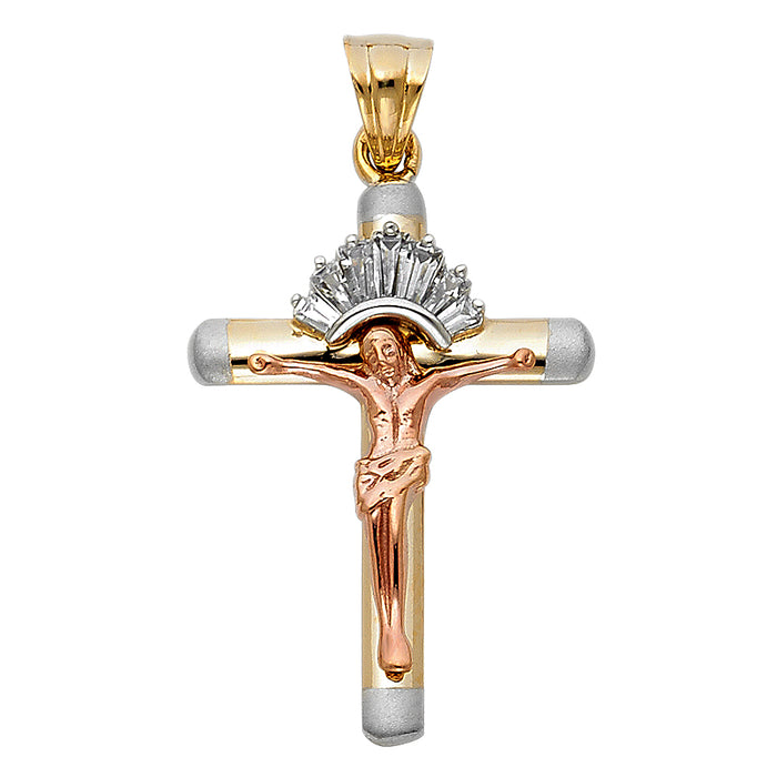 14K Tri-color Gold Religious CZ Fancy Crucifix Charm Pendant  (24mm x 20mm)