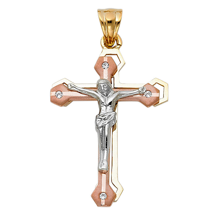 14K Tri-color Gold Religious Fancy Crucifix Charm Pendant  (24mm x 22mm)