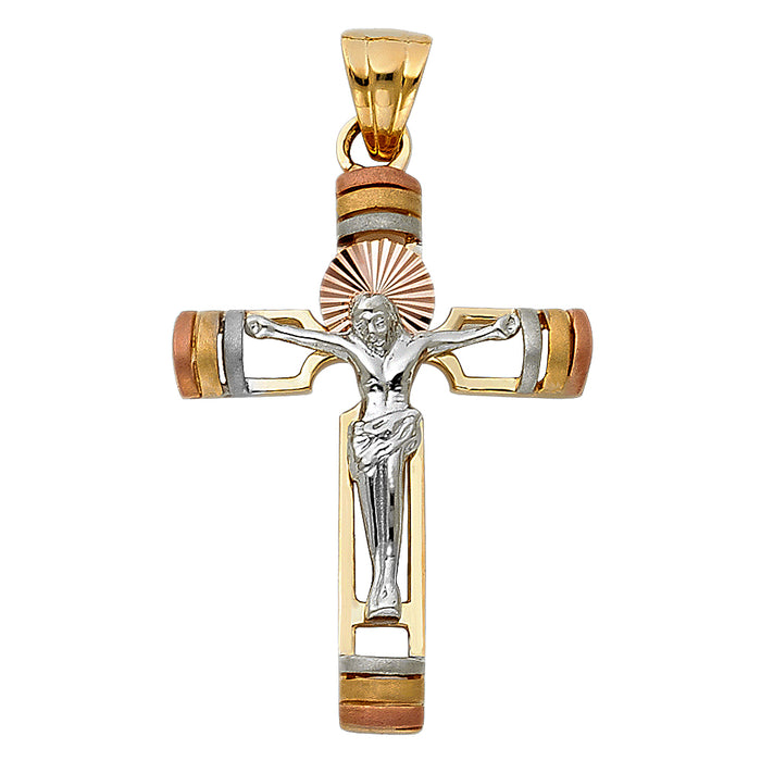 14K Tri-color Gold Religious Fancy Crucifix Charm Pendant  (30mm x 22mm)