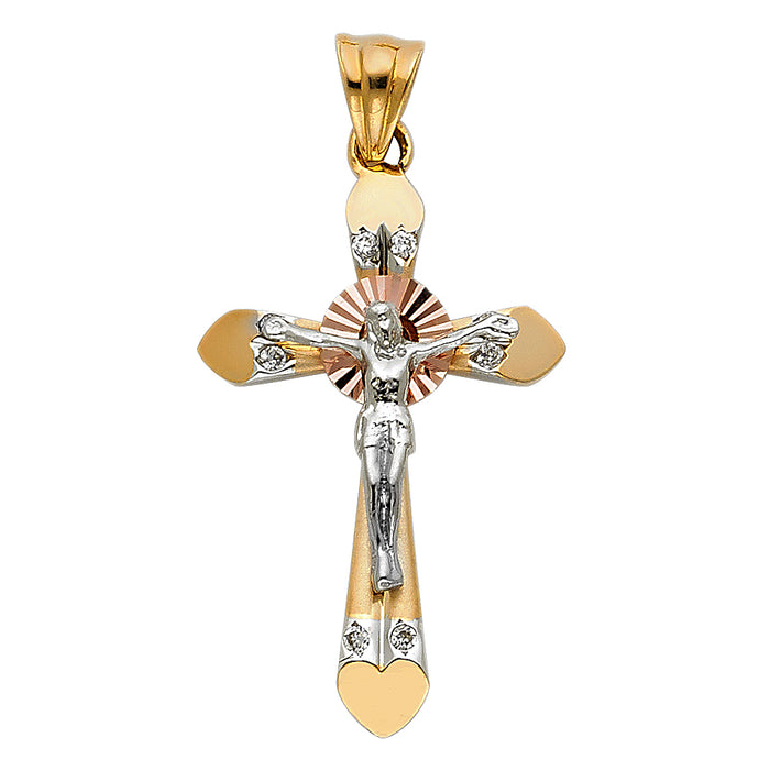 14K Tri-color Gold Religious CZ Crucifix Charm Pendant  (30mm x 19mm)